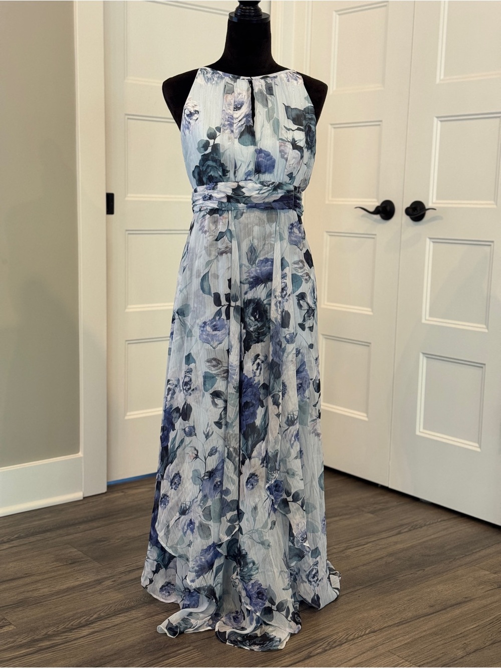 R&M Richards Petite 14P Blue Floral Chiffon Long Maxi Dress Halter Gown Wedding